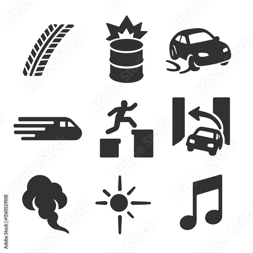 Cinematic Chase Icons. Flat icon set of cinematic chase elements: tire skid mark, exploding barrel, drifting car, speeding train,