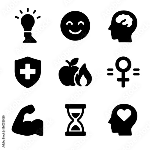 Circadian Rhythm Icons. Solid, filled icon set of circadian rhythm benefits: alertness, mood, memory, immune system, metabolism,