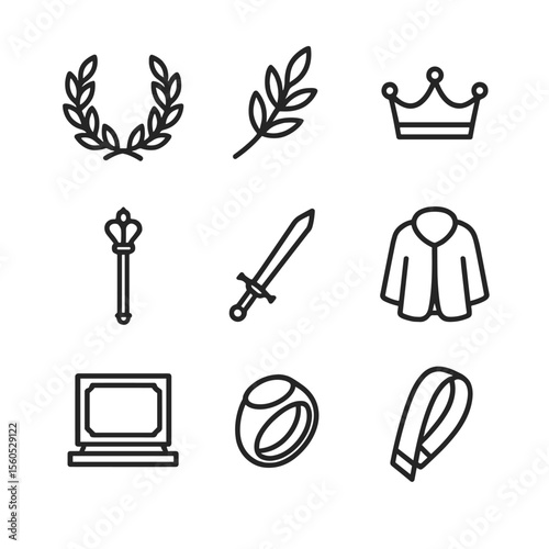 Laurel Honor Icons. Outline icon set of laurel wreath symbols: laurel wreath, olive branch, crown, scepter, ceremonial sword,