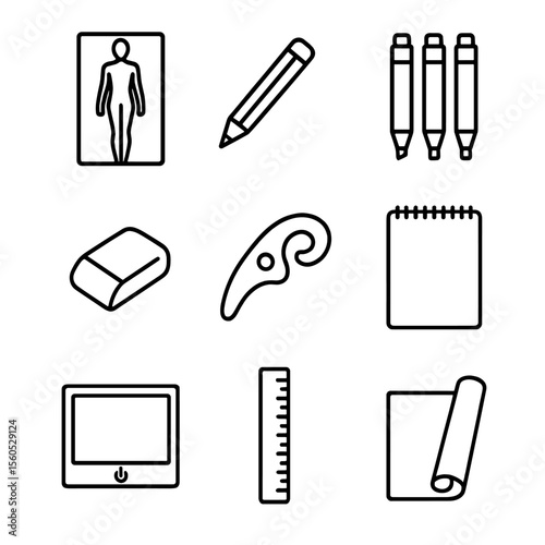 Fashion Sketching Essentials. Outline icon set of fashion sketching essentials: croquis template, graphite pencil, colored markers