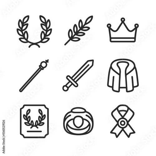 Laurel Honor Icons. Outline icon set of laurel wreath symbols: laurel wreath, olive branch, crown, scepter, ceremonial sword,