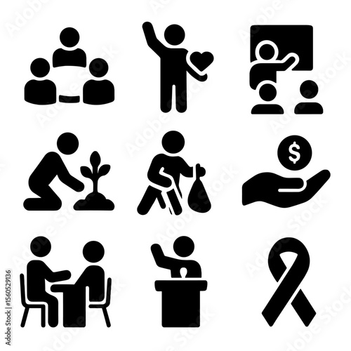 Community Icons Grid. Solid, filled icon set of community involvement: group meeting, volunteer, education session, planting tree,