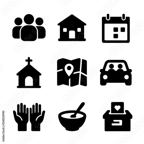 Community Outreach Icons. Solid, filled icon set of community outreach: group of people, community center, calendar invite, church