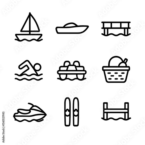 Lake Recreation Icons. Outline icon set of Lake Recreation: sailboat, motorboat, fishing pier, swimmer, paddleboat, lakeside