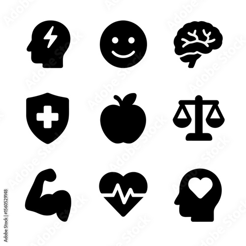 Circadian Rhythm Icons. Solid, filled icon set of circadian rhythm benefits: alertness, mood, memory, immune system, metabolism,