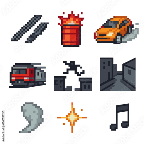 Cinematic Chase Icons. Pixel art icon set of cinematic chase elements: tire skid mark, exploding barrel, drifting car, speeding