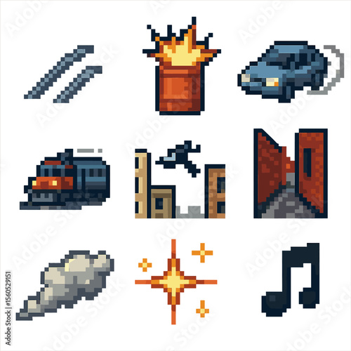 Cinematic Chase Icons. Pixel art icon set of cinematic chase elements: tire skid mark, exploding barrel, drifting car, speeding