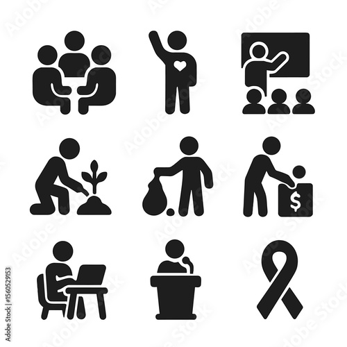 Community Icons Grid. Solid, filled icon set of community involvement: group meeting, volunteer, education session, planting tree,