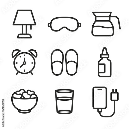 Late-Night Essentials Icons. Outline icon set of late-night essentials: bedside lamp, eye mask, coffee pot, alarm clock, slippers,