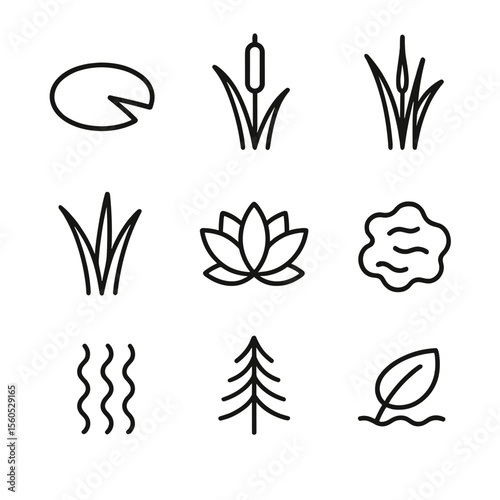 Lake Flora Icons. Outline icon set of Lake Flora: lily pad, cattail, bulrush, sedge, lotus flower, algae mat, lakeweed cluster,