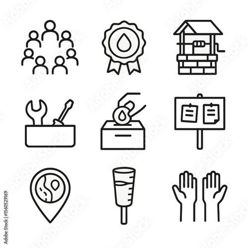 Community Water Icons. Outline icon set of community-based water management: village meeting circle, water committee badge, shared