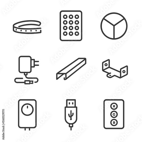 LED Icon Set. Outline icon set of LED Backlighting and Effects: LED strip, remote controller, color wheel, power adapter, diffuser