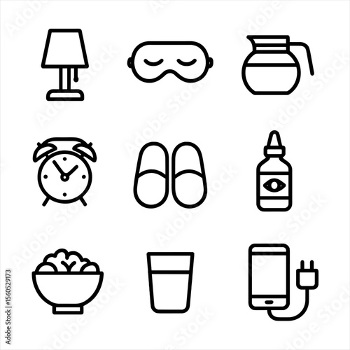 Late-Night Essentials Icons. Outline icon set of late-night essentials: bedside lamp, eye mask, coffee pot, alarm clock, slippers,