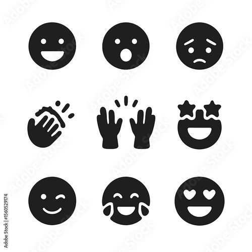 Circus Emotions Icons. Solid, filled icon set of circus crowd expressions: happy face, surprised face, scared face, clapping hands