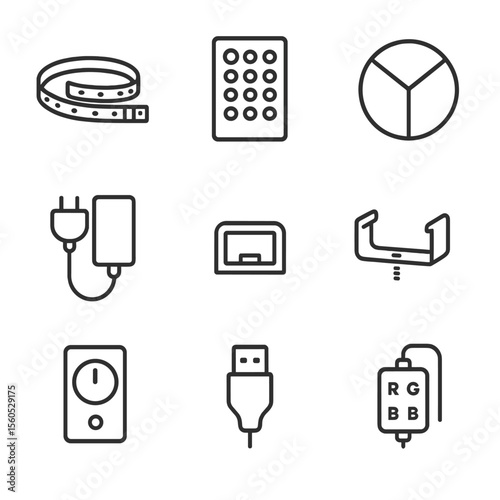 LED Icon Set. Outline icon set of LED Backlighting and Effects: LED strip, remote controller, color wheel, power adapter, diffuser