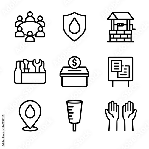 Community Water Icons. Outline icon set of community-based water management: village meeting circle, water committee badge, shared