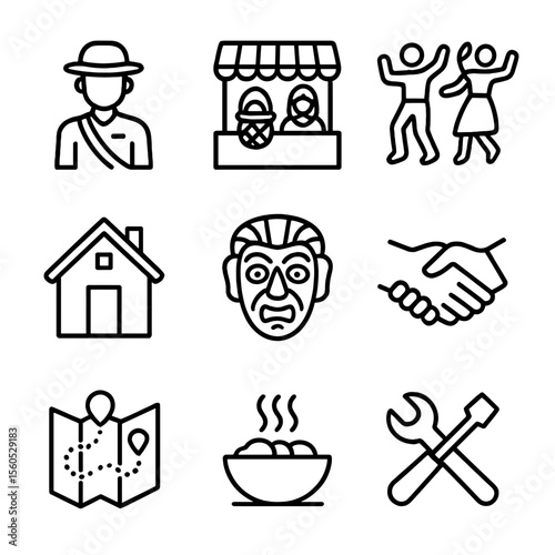 Community Tourism Icons. Outline icon set of community-based tourism: local guide, handicraft market, traditional dance, homestay