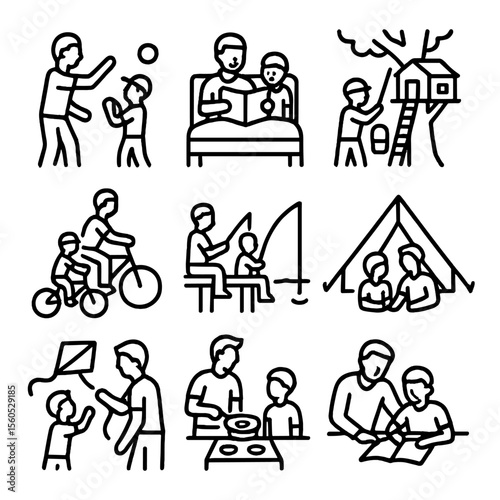 Father-Child Activity Icons. Outline icon set of father-child bonding activities: playing catch, reading bedtime stories, building