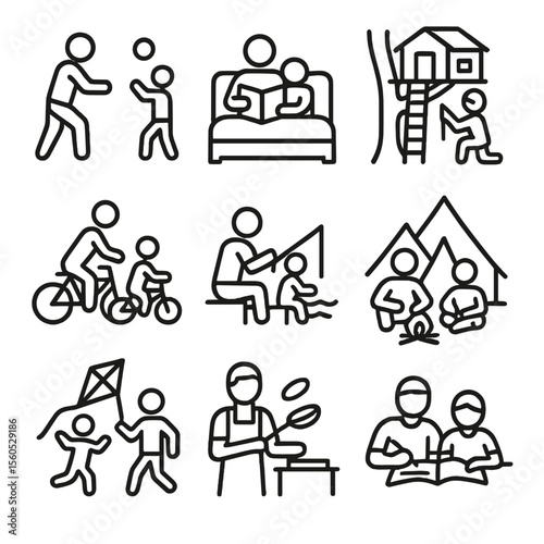 Father-Child Activity Icons. Outline icon set of father-child bonding activities: playing catch, reading bedtime stories, building