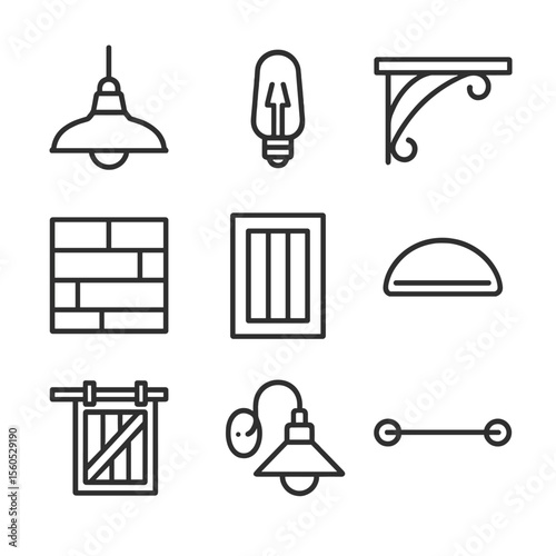 Farmhouse Icon Set. Outline icon set of farmhouse kitchen lighting & hardware: barn pendant lamp, Edison bulb, iron bracket shelf,