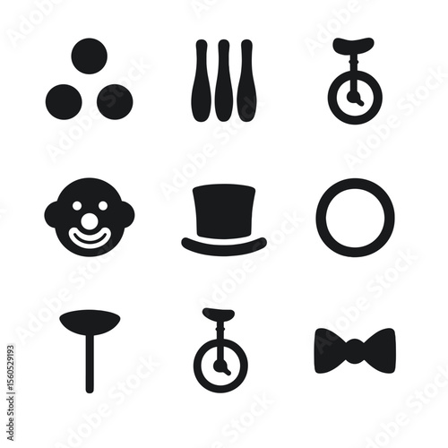 Circus Icon Set. Solid, filled icon set of juggling and circus acts: juggling balls, juggling pins, unicycle, clown nose, top hat,