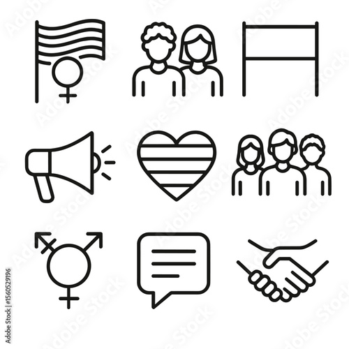 LGBTQ+ Solidarity Icons. Outline icon set of LGBTQ+ feminist solidarity marches: rainbow flag combined with female symbol, diverse