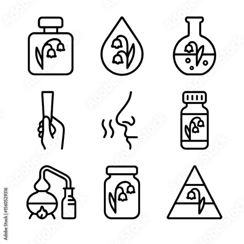 Lily of Valley Icons. Outline icon set of Lily of the Valley in Perfumery: perfume bottle, aroma droplet, distillation flask,