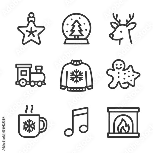 Festive Icon Grid. Outline icon set of festive wishlist themes: star ornament, snow globe, reindeer, toy train, cozy sweater,