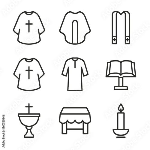 Liturgical Symbols Icon Set. Outline icon set of Liturgical Colors and Vestments: violet vestment, black chasuble, purple stole,