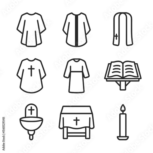 Liturgical Symbols Icon Set. Outline icon set of Liturgical Colors and Vestments: violet vestment, black chasuble, purple stole,