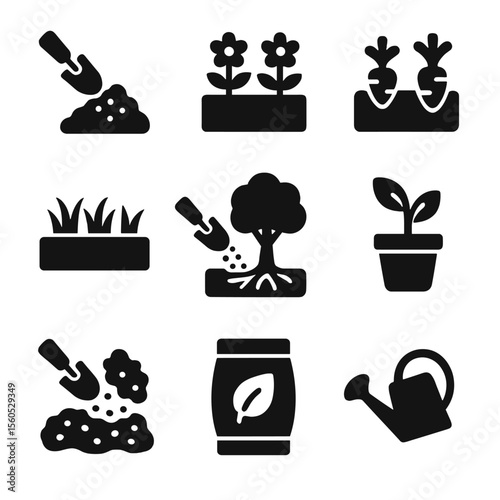 Compost Icon Grid. Solid, filled icon set of compost application: garden soil, flower bed, vegetable patch, lawn, tree roots,
