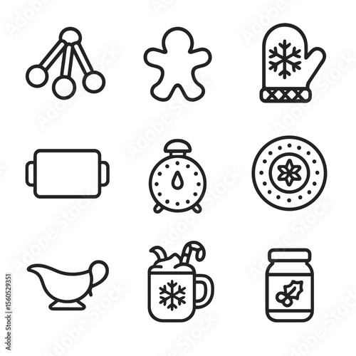 Festive Kitchen Icons. Outline icon set of festive kitchen essentials: measuring spoons, cookie cutter, holiday oven mitt, spice