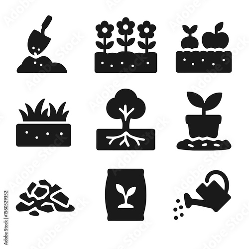 Compost Icon Grid. Solid, filled icon set of compost application: garden soil, flower bed, vegetable patch, lawn, tree roots,