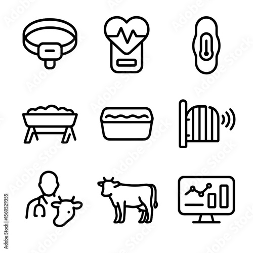 Livestock Health Icons. Outline icon set of livestock health monitoring: collar sensor, heart rate monitor, temperature patch,
