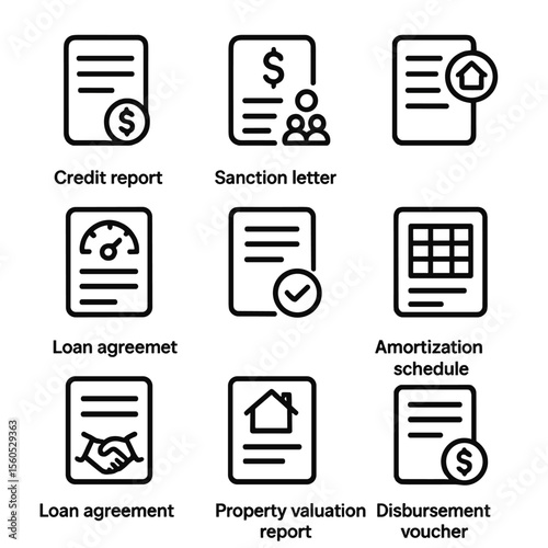 Loan Application Icons. Outline icon set of loan application paperwork: loan application form, income proof statement, collateral