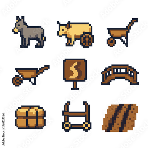 Classic Transport Icons. Pixel art icon set of simple transport modes: donkey, ox cart, handcart, wheelbarrow, pack saddle, dirt