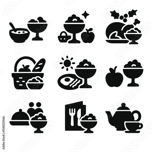 Compote Icon Collection. Solid, filled icon set of compote serving occasions: breakfast table, dessert dish, holiday spread,