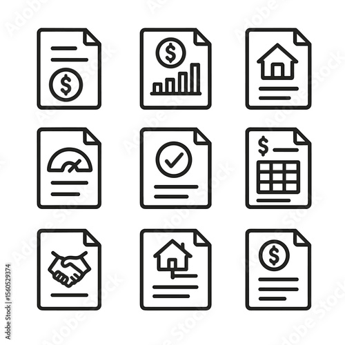 Loan Application Icons. Outline icon set of loan application paperwork: loan application form, income proof statement, collateral
