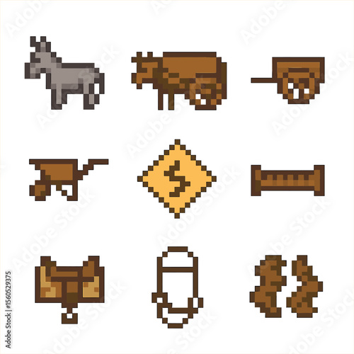 Classic Transport Icons. Pixel art icon set of simple transport modes: donkey, ox cart, handcart, wheelbarrow, pack saddle, dirt