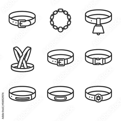Livestock Collar Icons. Outline icon set of livestock collar and harness styles: leather collar, chain collar, cowbell, padded