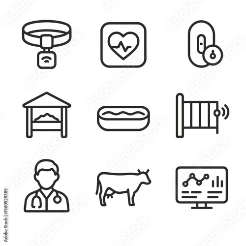 Livestock Health Icons. Outline icon set of livestock health monitoring: collar sensor, heart rate monitor, temperature patch,