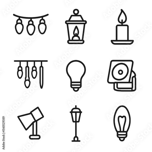 Festive Lighting Icons. Outline icon set of festive lighting elements: string lights, lantern, candle, icicle light, bulb socket,