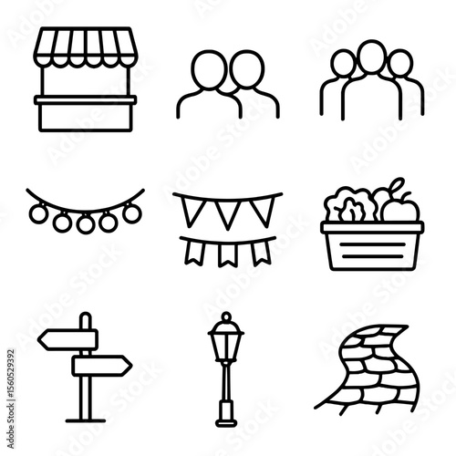 Local Street Market Icons. Outline icon set of local street markets: market stall, awning, crowd silhouette, string lights, banner