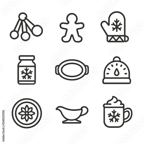 Festive Kitchen Icons. Outline icon set of festive kitchen essentials: measuring spoons, cookie cutter, holiday oven mitt, spice