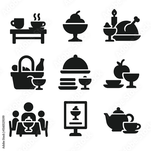 Compote Icon Collection. Solid, filled icon set of compote serving occasions: breakfast table, dessert dish, holiday spread,