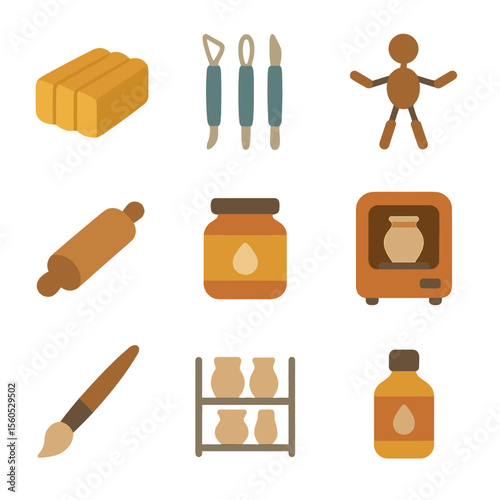 Clay Sculpting Icons. Flat icon set of clay solar system sculptures: modeling clay, sculpting tools, wire armature, rolling pin,