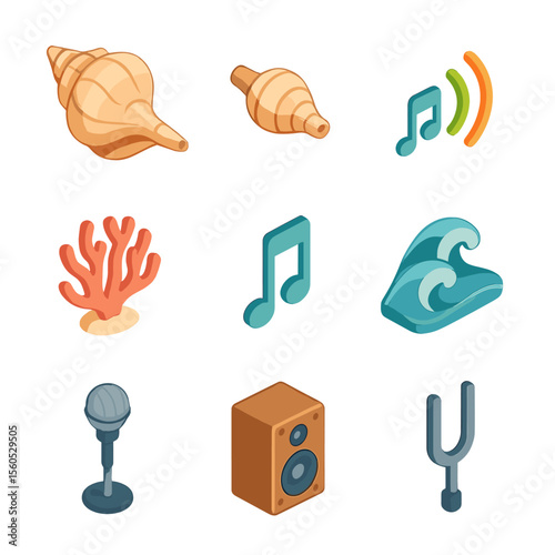 Conch Instrument Icon Set. Isometric Flat icon set of conch shell instruments: conch trumpet, shell mouthpiece, sound wave icon,