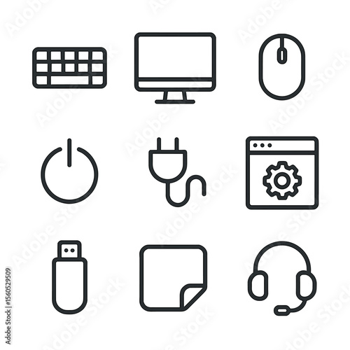 Computer Setup Icons. Outline icon set of setting up computer and tools: keyboard, mouse, monitor, power button, cable plug,
