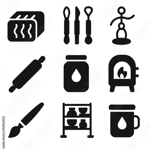 Clay Solar System Icons. Solid, Filled icon set of clay solar system sculptures: modeling clay, sculpting tools, wire armature,