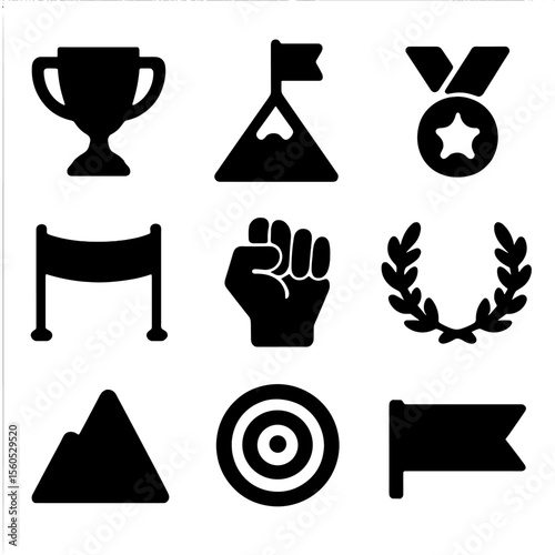 Conquered Challenge Icons. Solid, filled icon set of conquered challenge symbols: trophy cup, mountain peak flag, medal, crossed
